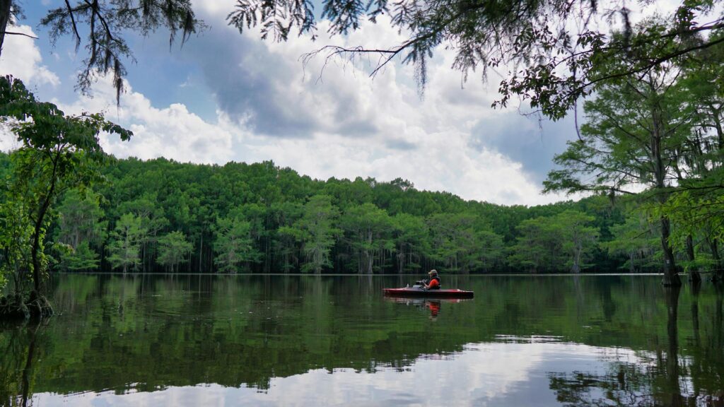Person kayaking on a lake in Texas